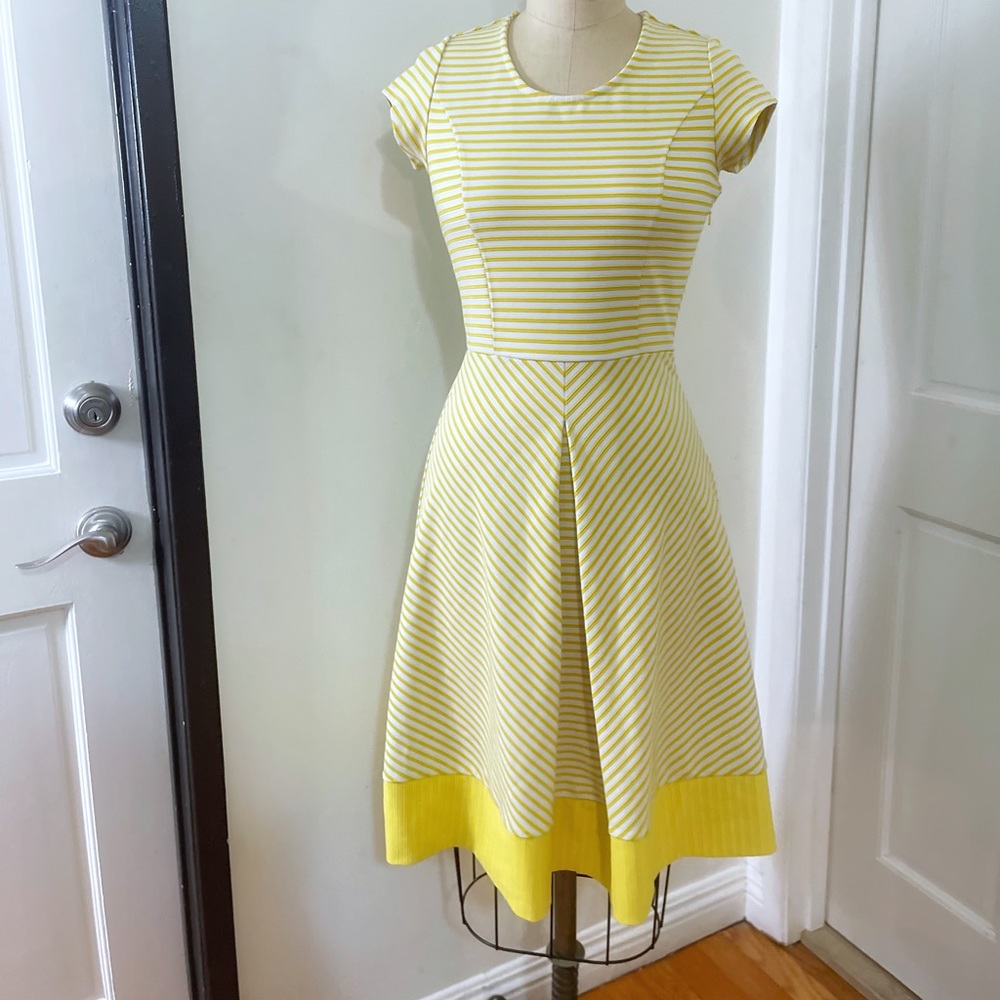 Womans Yellow And White Striped cap sleeve fit and flare Dress Size XS